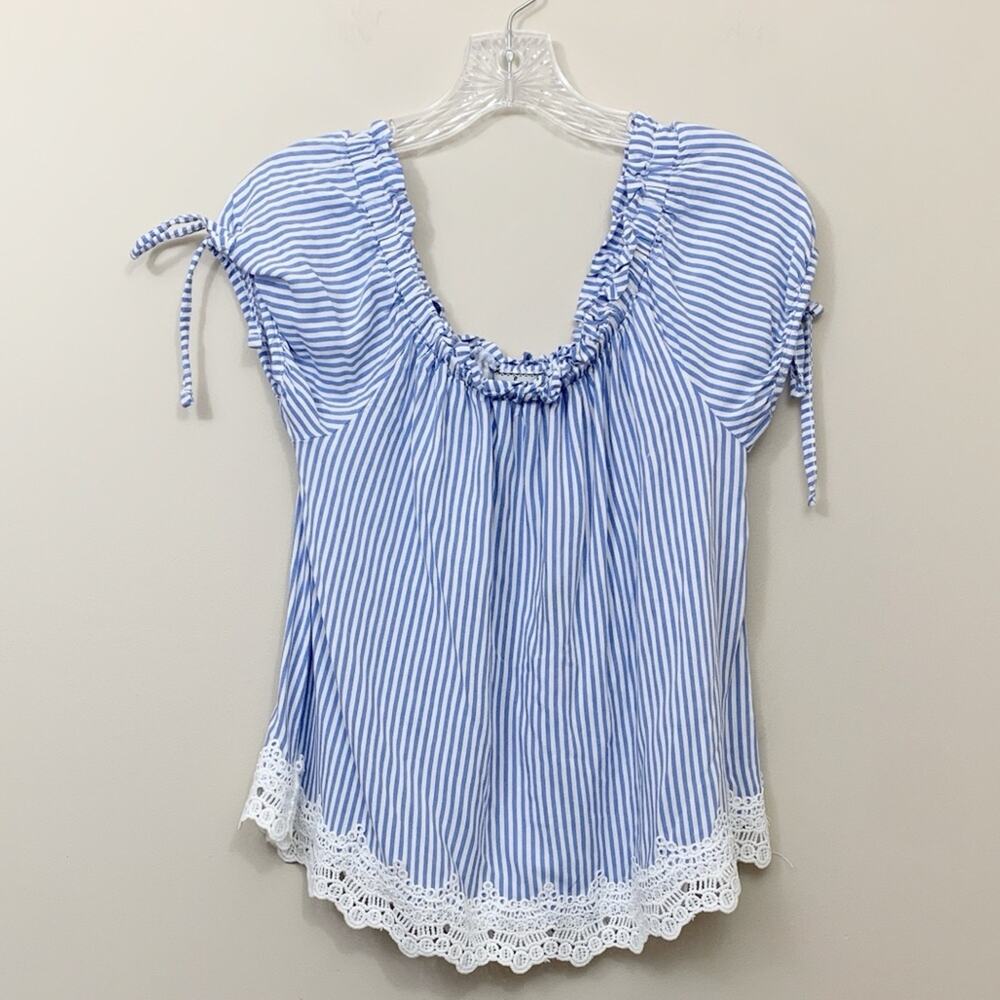 Crave Fame Blue and White Striped Tie-Sleeve Peasant Blouse